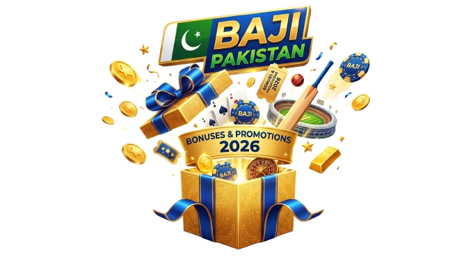 Official Baji Pakistan Bonuses and Promotions 2026 – Gold gift box with cricket and casino elements