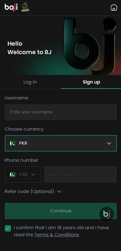 Baji registration form for Pakistan users with PKR currency selection and mobile number field