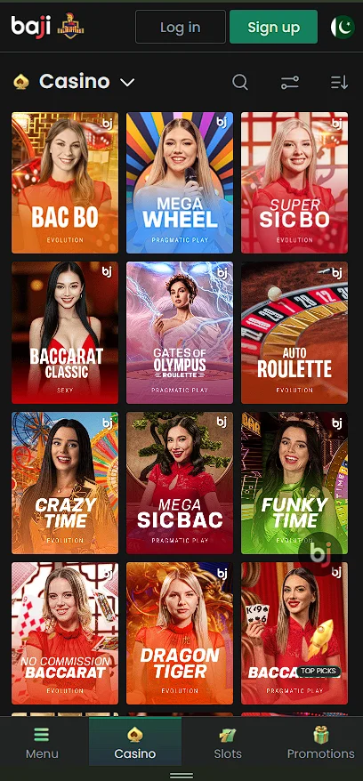 Baji Live Casino library featuring Mega Wheel, Crazy Time, and Baccarat with live dealers