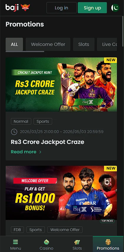 Baji Promotions page showing Rs 3 Crore Cricket Jackpot and Rs 1,000 Welcome Bonus for new players
