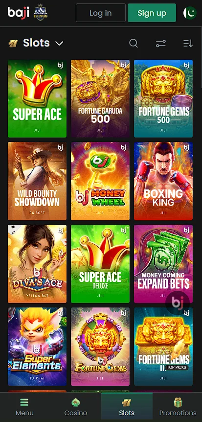 Baji online slots collection showing popular games like Super Ace, Fortune Gems and Boxing King